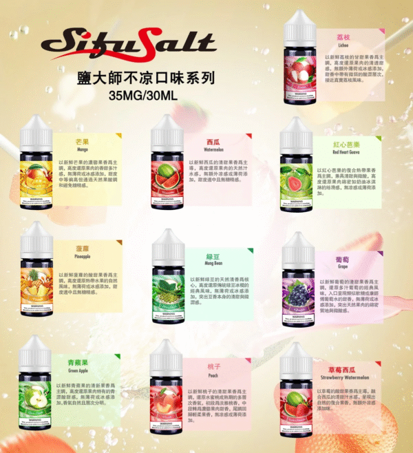 Sifu Salt鹽大師水果味煙油 首頁 Sifu Salt鹽大師水果味煙油 無涼不涼煙油 35Mg/30ml 强烈推薦