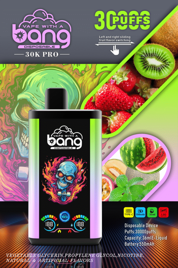 Bang 30000 Puffs PRO一次性電子煙 愛66草莓奇異果 Bang 30000 Puffs PRO一次性電子煙 獨特雙口味設計 超大容量 爆款