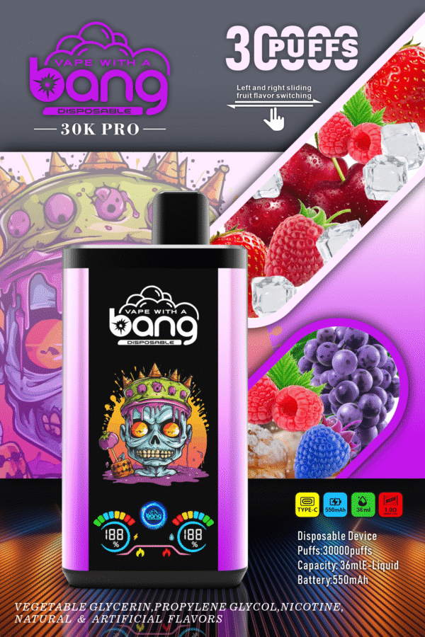 Bang 30000 Puffs PRO一次性電子煙 紫色雨草莓樹莓櫻桃冰 Bang 30000 Puffs PRO一次性電子煙 獨特雙口味設計 超大容量 爆款