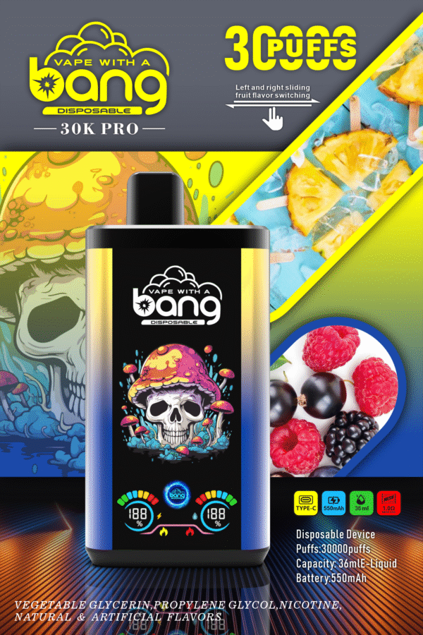Bang 30000 Puffs PRO一次性電子煙 菠蘿冰藍融合 Bang 30000 Puffs PRO一次性電子煙 獨特雙口味設計 超大容量 爆款
