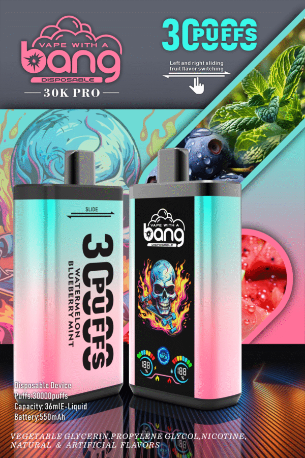 Bang 30000 Puffs PRO一次性電子煙 西瓜藍莓薄荷 Bang 30000 Puffs PRO一次性電子煙 獨特雙口味設計 超大容量 爆款