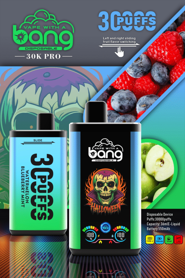 Bang 30000 Puffs PRO一次性電子煙 酸蘋果藍莓樹莓 Bang 30000 Puffs PRO一次性電子煙 獨特雙口味設計 超大容量 爆款